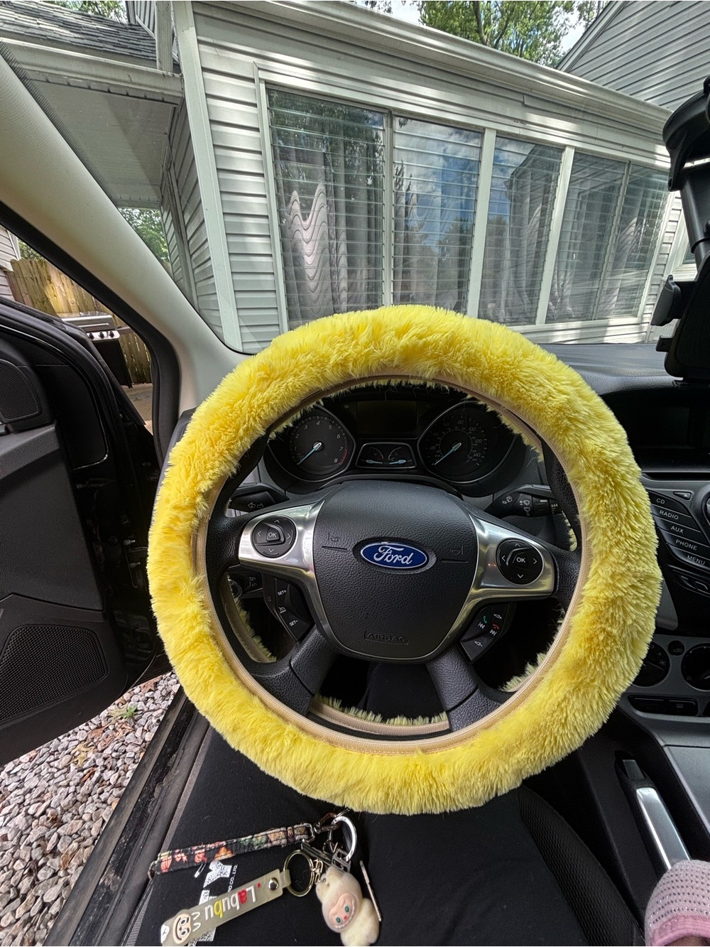 Yellow Fuzzy Steering Wheel Cover & Crochet Seat Cover